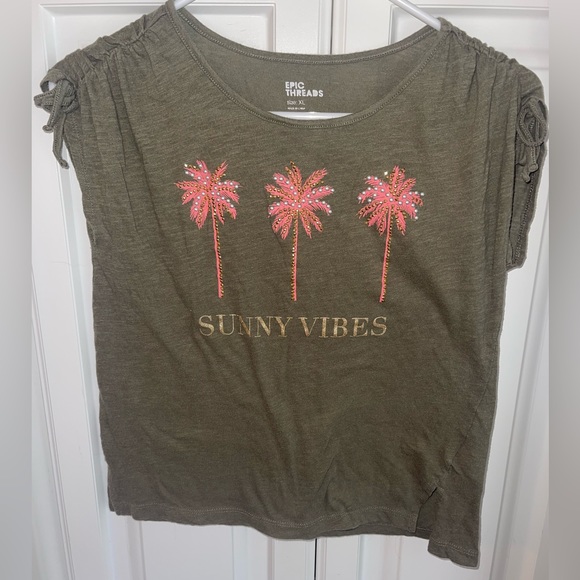 Epic Threads Other - Epic Threads‎ Sunny Vibes Palm Tree Shirt Olive Green Pink Gold Girls XL